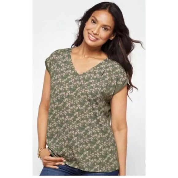 Papermoon Short Sleeve Button Back Blouse Women's Large Sage Green Floral Daisy - Picture 1 of 5